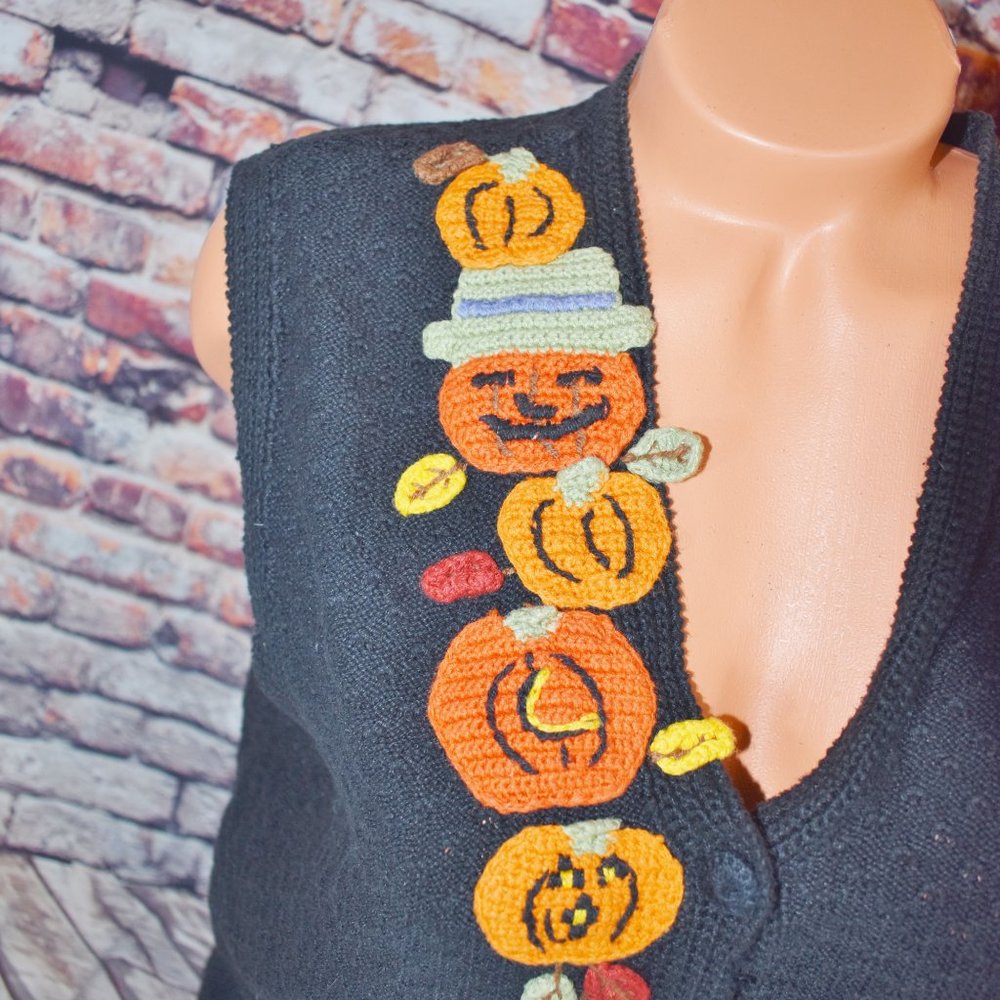 Karen Scott Large Halloween Vest Pumpkin Leaves Hand Embroidered - Picture 11 of 12